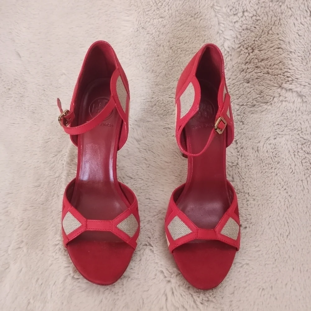 Tory Burch Suede Red Volcan Tan Tweed Art Deco Ankle Strap Heel 9.5 NWT